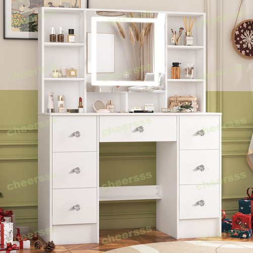Dressing Table with LED Lighted Mirror and 7 Drawers Vanity Makeup Desk White - Picture 3 of 9
