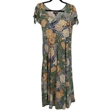 Chaps Women's Floral Cotton Midi Dress Size M — Green, Tie-Sleeve Style