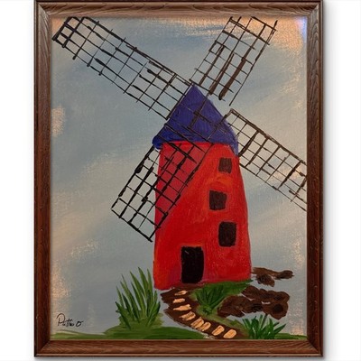 Windmill Painting Folk Art Original Art 14x11 Canvas Signed Red Blue Home Decor