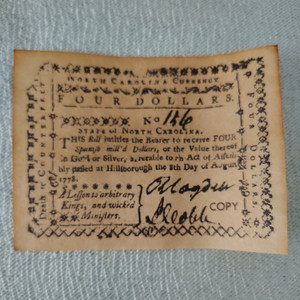 Vtg North Carolina Colonial Currency $4 Paper Note Copy (Front & Back Shown)