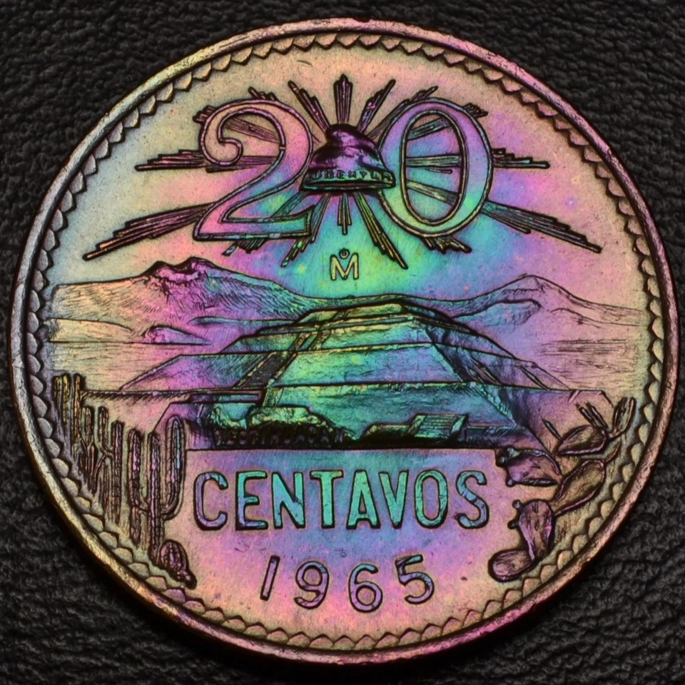 UNC 1965 México 20 Centavos PRECIOSO ARCO IRIS TONIFICACIÓN OBV y Rev (L50-43) Foto 2 de 3