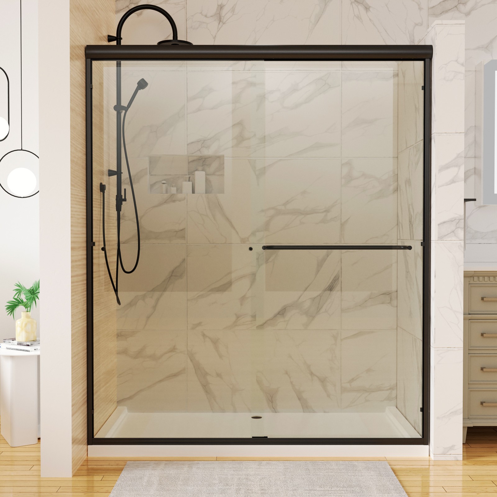 60x70 Matte Black Sliding Shower Door with Clear Glass - Traditional Style