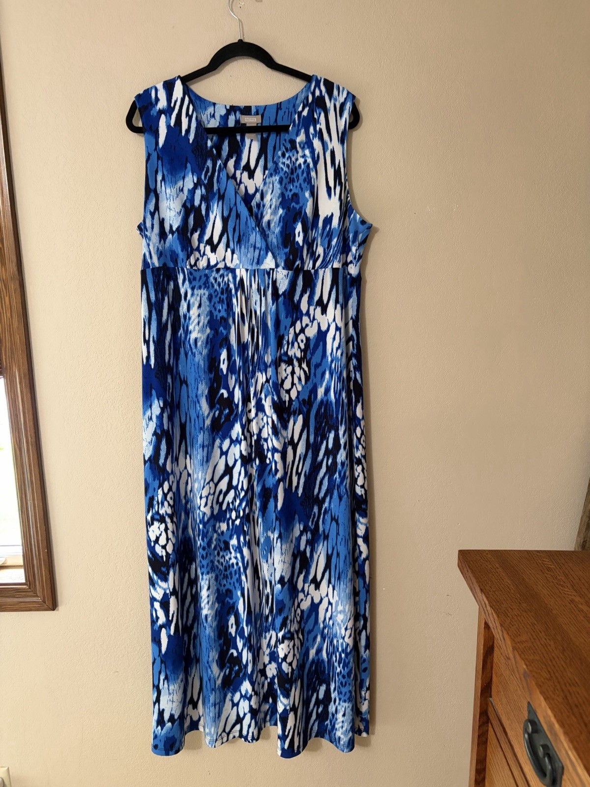 Chico's Blue Abstract Animal Print Maxi Dress Sz 3 Or XL Sleeveless Jersey Knit