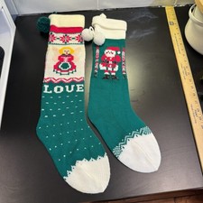 Vintage Knit Christmas Stockings Santa Angel Pair Holiday Decor Retro