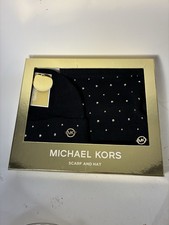 NWT Authentic Michael Kors Black  Gold Set of 2 Hat Scarf Gift Box  98 Studs