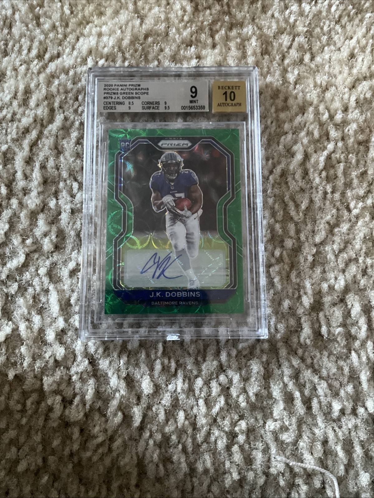 J K Dobbins #379 RC 2020 Panini Prizm Rookie Silver Prizm AUTO Beckett 9.5 A 10