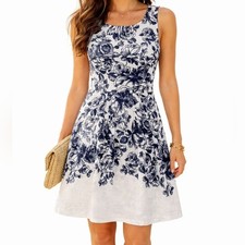 Talbots Floral Fit & Flare Dress Size 16 Indigo & White Sleeveless Midi Weddings