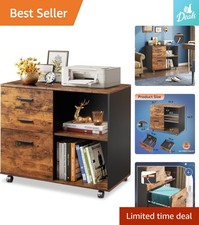 Mobile 3-Drawer Lateral Filing Cabinet with Open Shelves - Rustic Brown Finish