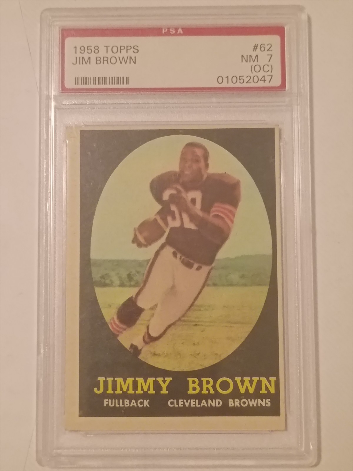 1958 Topps Football #62 Jimmy Brown RC, PSA 7 NM OC ! GREEN PIRATE CARDS, 🤢💚🦜