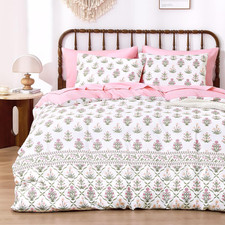 - Floral Duvet Cover Set, Vintage Cottagecore Boho Style with Block Print Flower