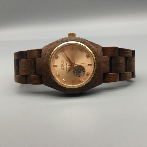 Reloj automático JORD para mujer 34 mm madera natural esfera oro rosa marcadores de cristal 2018 - Imagen 5 de 14