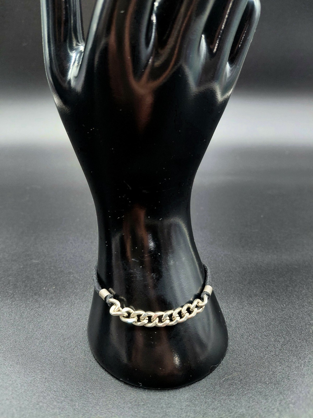 Silver Tone Curb Chain Black Cord Bracelet Wrapped Wire Hook Eye Boho Minimalist
