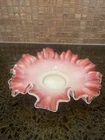 Vtg Victorian Bridal Candy Basket CranberryPink Milk Glass Ruffled7”SilverCrest