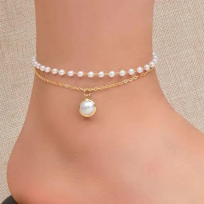 Two Layer Pearl Anklet for Women Elegant Gold Silver Tone Chain Bracelet Jewelry
