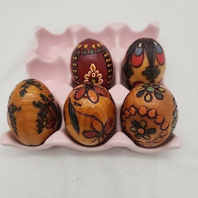 Egg Pisanki Polish Wooden Easter Set Of 5 Hand Painted & Carved 2.5  Long VTG