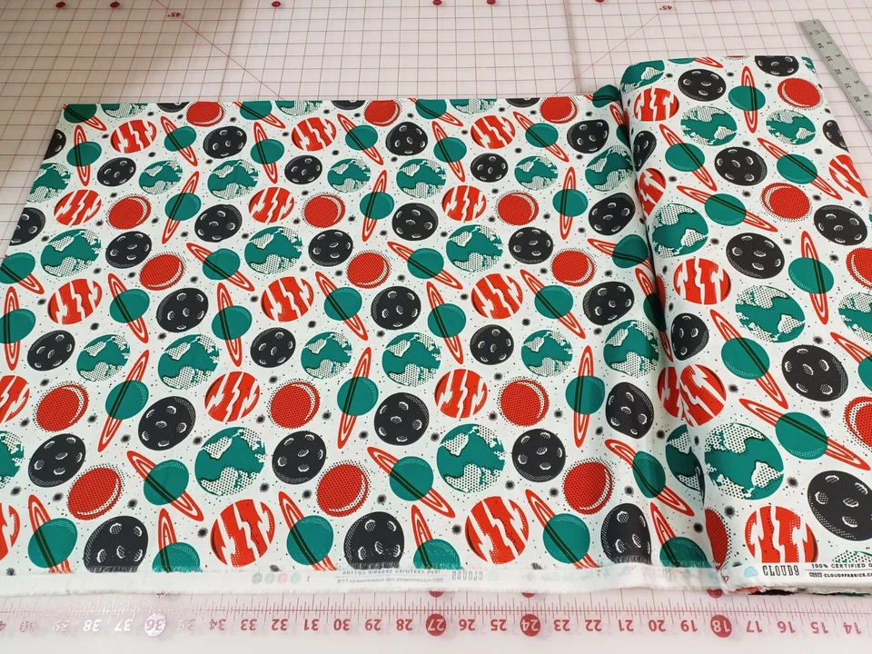 Blast Off Atomic Planets Cosmic Cloud9 Organic Cotton Fabric White Red Teal - Image 2 of 4