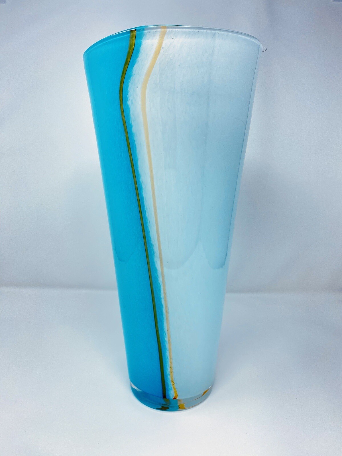 14.5” TALL Art Glass Hand Blown Aqua Turquoise Blue White Stripe Murano