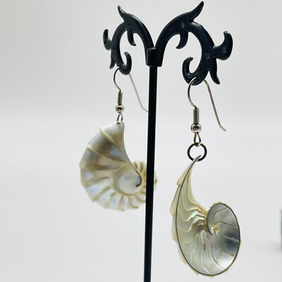Shell Dangle Earrings Mother of Pearl Nautilus Spiral Beach Boho Iridescent