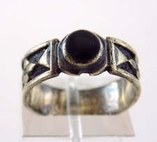 Sterling Silver Black Onyx Flat Cabochon and Geometric Band Ring 925 Size 6.25