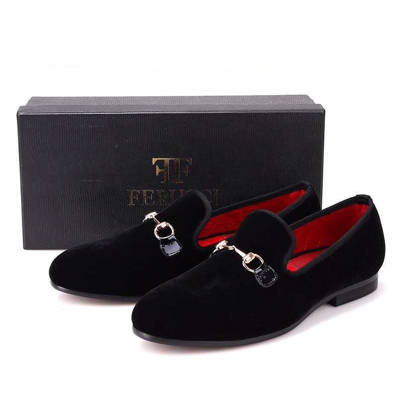 PANTOFOLA D’ORO Mocassini Pantofole Ferucci Uomo Velluto Nero Fatte a Mano con Cavallo Oro