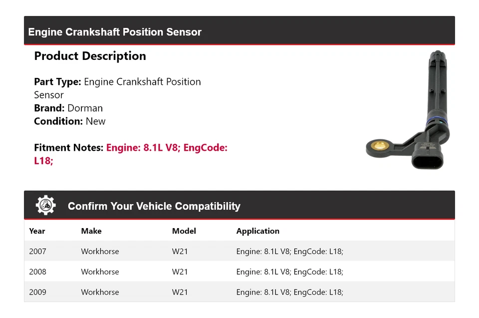 Sensor de posición del cigüeñal del motor Dorman 8,1 L Workhorse W21 2007-2009 Foto 2 de 4