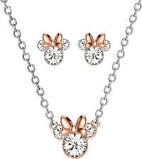 Disney Minnie Mouse Silver Plated Jewelry Set Crystal Necklace  Stud Earrings