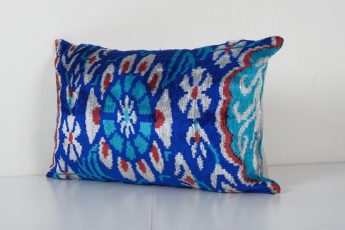 Ikat Velvet Pillow - Blue Silk Lumbar Cushion Cover - Boho Home Decor - Picture 3 of 4
