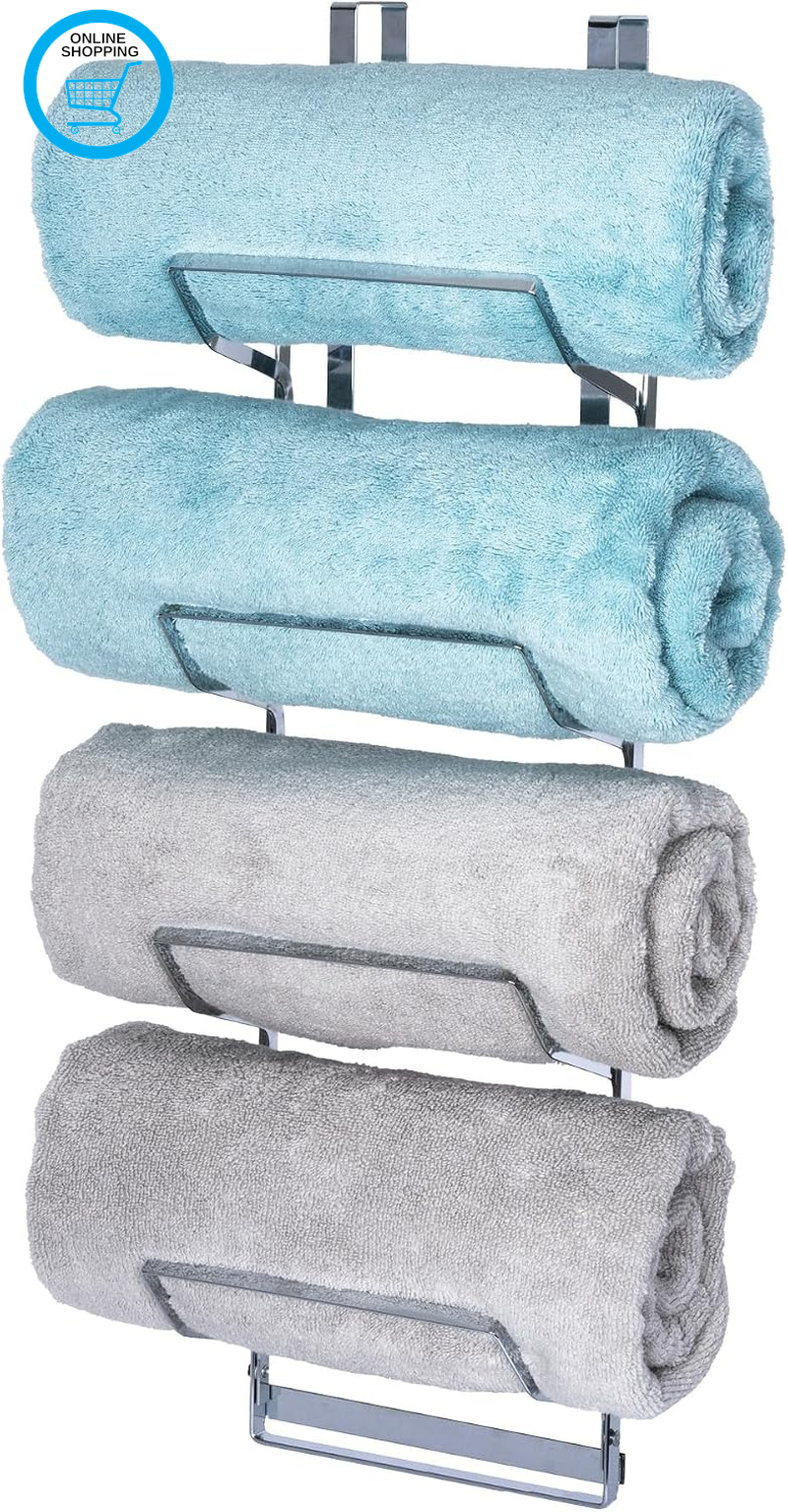 4 Tier Chrome over Door Towel Rail - Rust-Resistant Bathroom Towel Storage, Bath