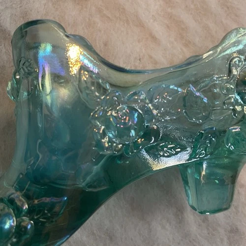 Vintage Fenton Green Opalescent Glass Shoe Cabbage Rose Marked Floral Victorian