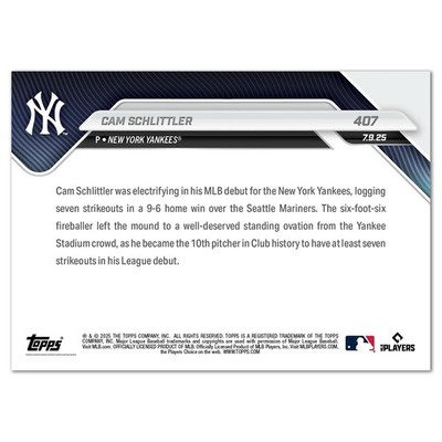 Cam Schlittler Yankees Debut 1st Win 2025 MLB Topps NOW Card 407
