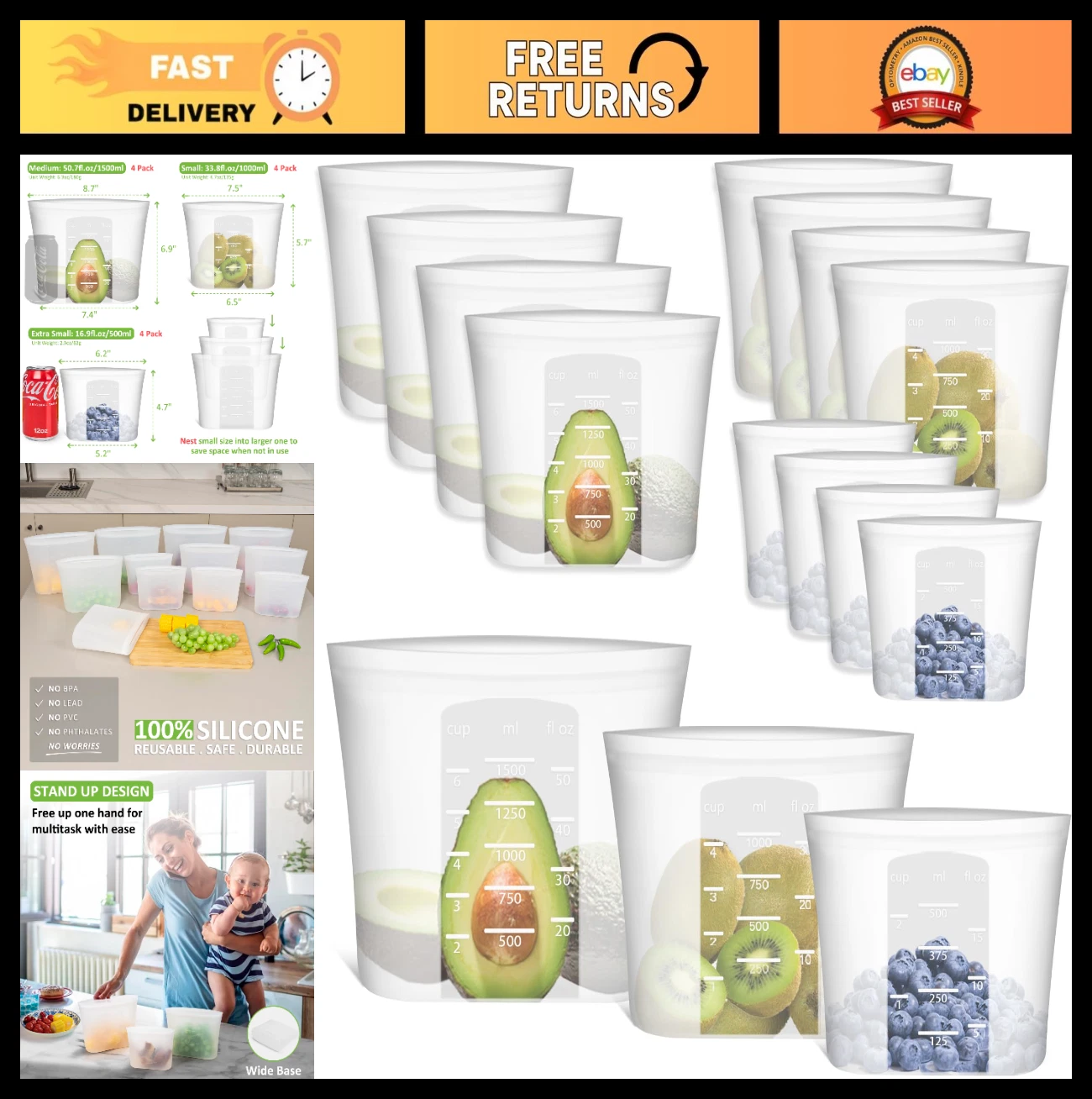 12 Pack Reusable Silicone Food Storage Bags - Stand Up Zip Lock, Freezer & Micro
Opens in a new wind