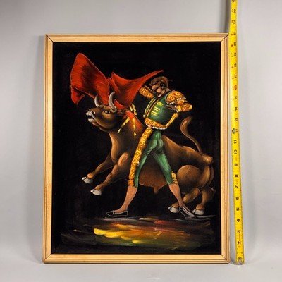 Vintage 1970s Mexican Oil on Velvet Bullfight Paintings Matador 