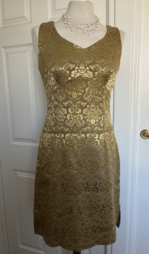 True Vintage ETAM 1990s Gold Baroque Jacquard Bodycon Dress UK 10-12 Petite - Picture 9 of 14