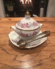 Limoges Lidded Sugar Bowl & Matching Saucer  La Reine France Vintage Porcelain