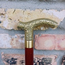 Vintage Brass Derby Head Handle Wooden Walking Stick Cane Ornate Designer Style