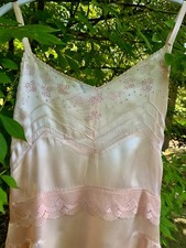 Rare 1930s Blush Pink Satin Boudoir Gown with Embroidery  Ribbon Sash-30DA