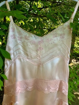 Rare 1930s Blush Pink Satin Boudoir Gown with Embroidery & Ribbon Sash-30DA