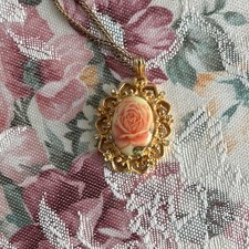 Vintage Gold Tone Oval Rose Cameo Charm Pendant Necklace, Flowers Theme