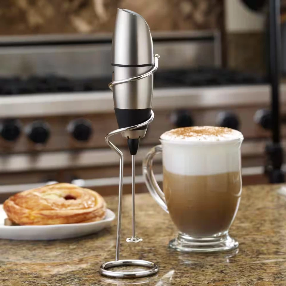 Battery-Powered Black Stainless Steel Milk Frother with Chrome Stand - Image 2 of 4