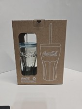 NIB 2 Coca~Cola Glasses With Glass Straw And Lid~Collectible Coke Memorabilia￼