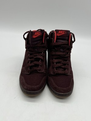 Nike Dunk Sky Hi Wedge Heel Women Size 6 Maroon Suede Sneakers Shoes 644877-601.