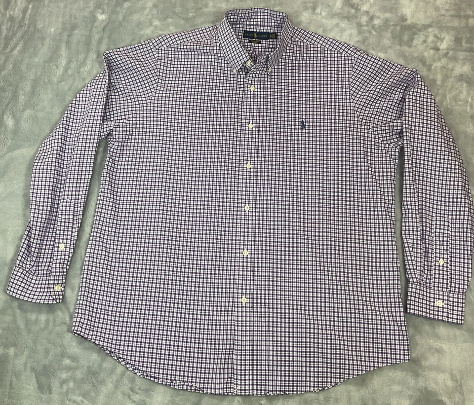 Ralph Lauren 衬衫男式 XL 蓝色紫色格子棉质纽扣连衣裙工作 — 第 2/4 张图片