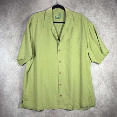 Tommy Bahama Button Down Shirt Men XL Green Silk Camp Shirt Casual Short Sleeve