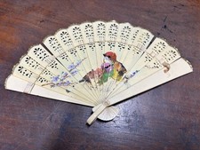 Celluloid Folding Hand Fan Vintage Handpainted Flowers and Birds 5.5  Long