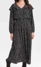 NEW Universal Thread Women's Long Sleeve Maxi Black/White Print Dress Size XL
