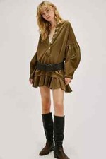 Free People Zander Mini Dress Seaweed Button Layered Ruffle Long Sleeve XS NWD