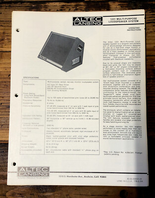 Altec Model 1231 Speaker Owners Manual & Schematic *Orig* | eBay