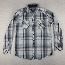 Buckle Western Snap Shirt Mens Large Blue Brown Plaid Standard Fit Button Down