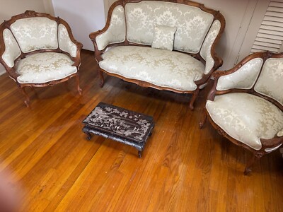 Antique French lady's Settee and two side chairs pastel pattern brocade ...