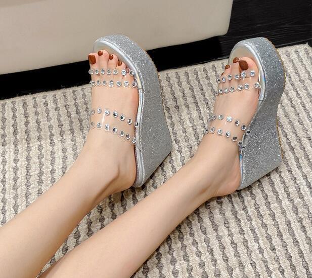 PANTOFOLA D’ORO Pantofole donna moda estate punta aperta diamante chiaro zeppa tacchi alti